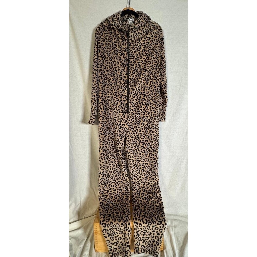 NYC Underground S/M Leopard Print Hooded Fleece One Piece Pajama Jumpsuit NWT
